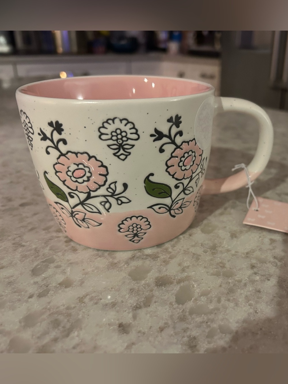 “New” Petal & Pearl Pink Floral Ceramic Mug with Green Leaf Accents
